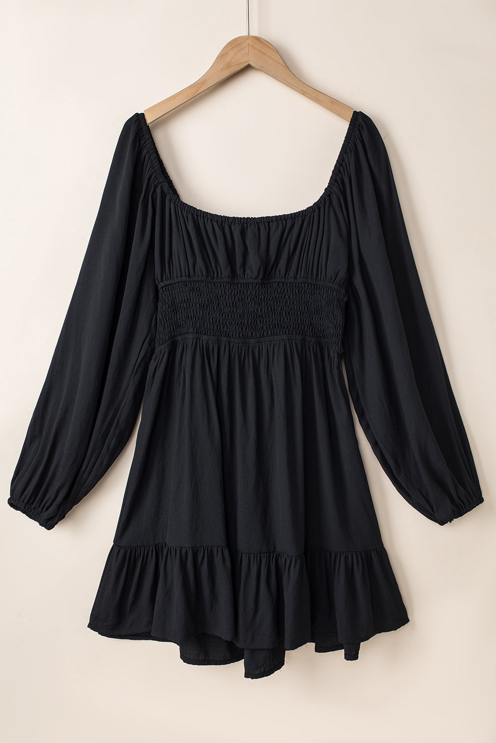 Black Solid Color Long Sleeve Shirred Drawstring Ruffle Mini Dress