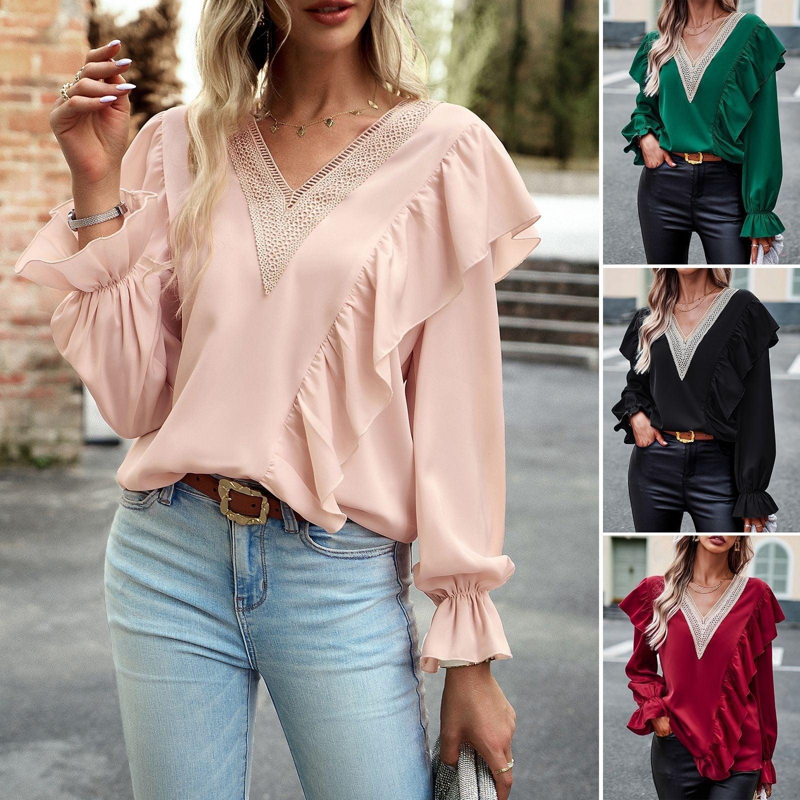 Demure Commuter V-Neck Long Sleeve Work Shirt For Women