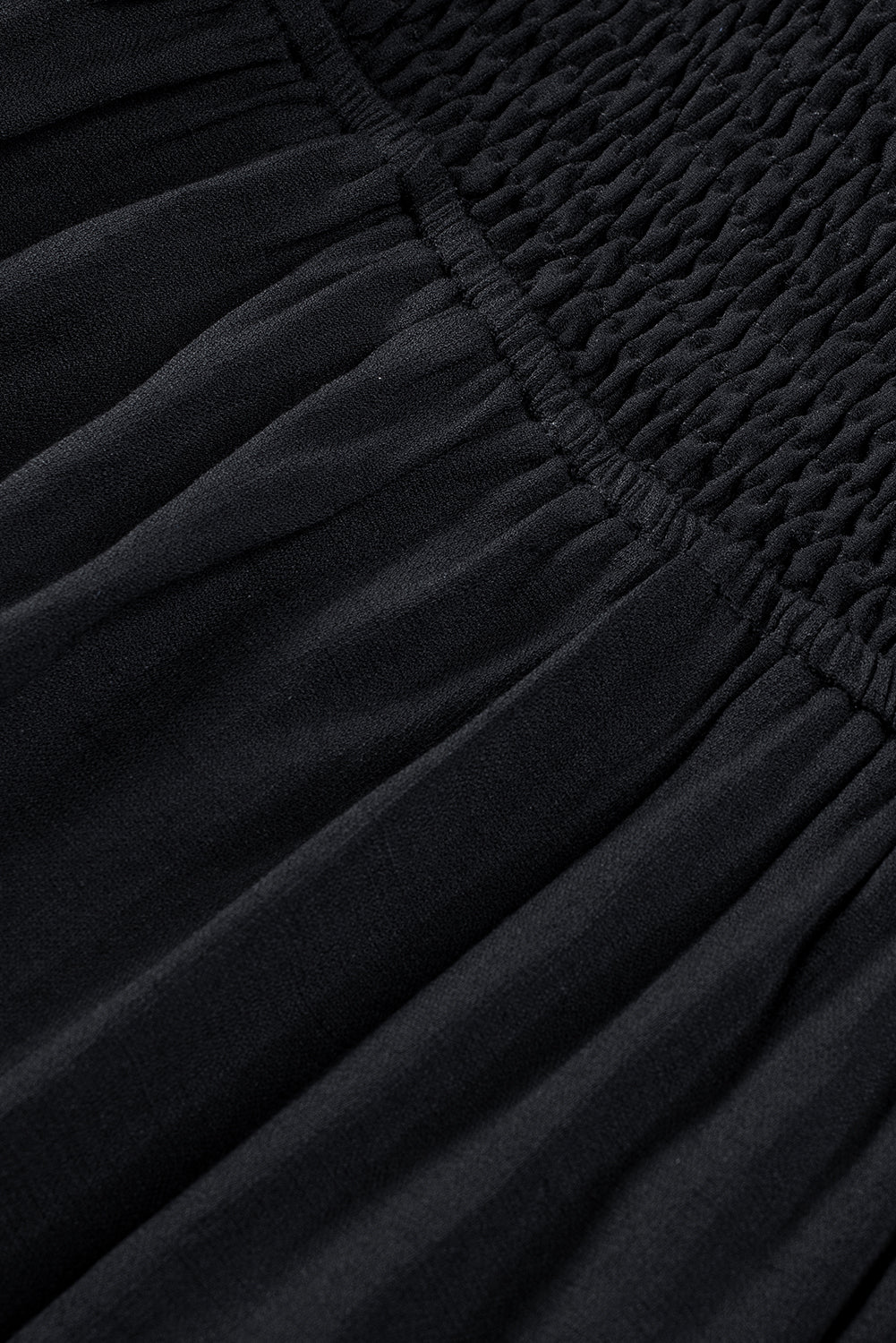 Black Solid Color Long Sleeve Shirred Drawstring Ruffle Mini Dress