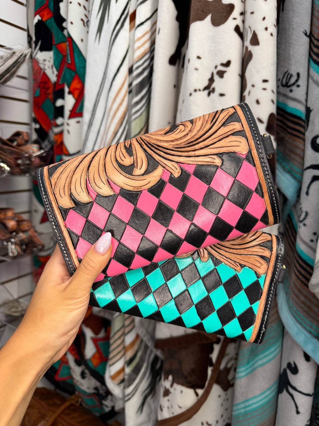 Checkered Tooled Leather Western Clutch Wallet & Wristlet