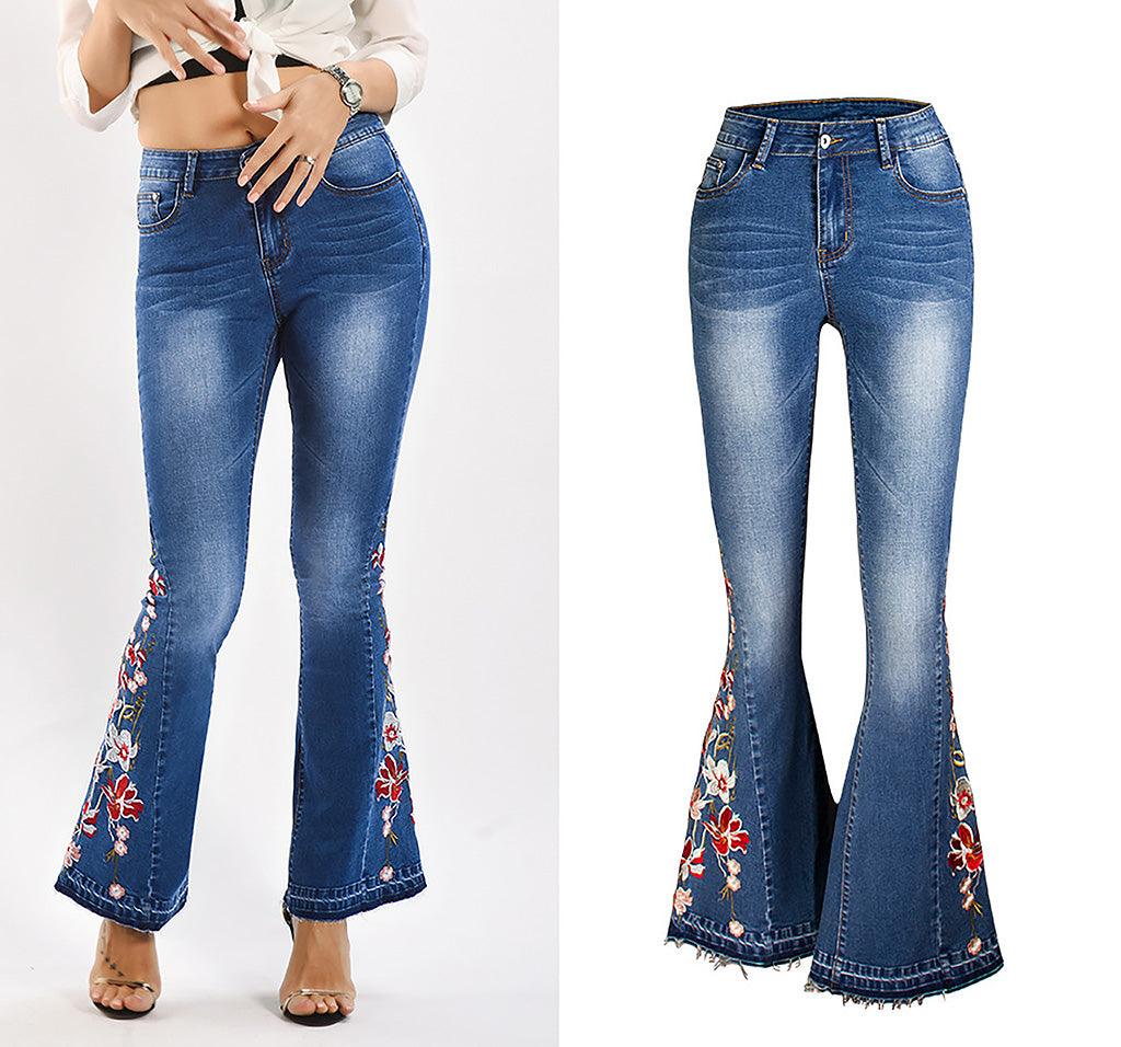 Flared Leg Embroidered Denim Jeans With Floral Hem