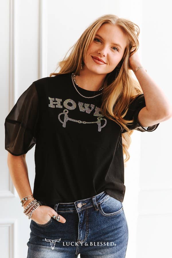 Black Rhinestone Howdy Mesh Half-Sleeve Top