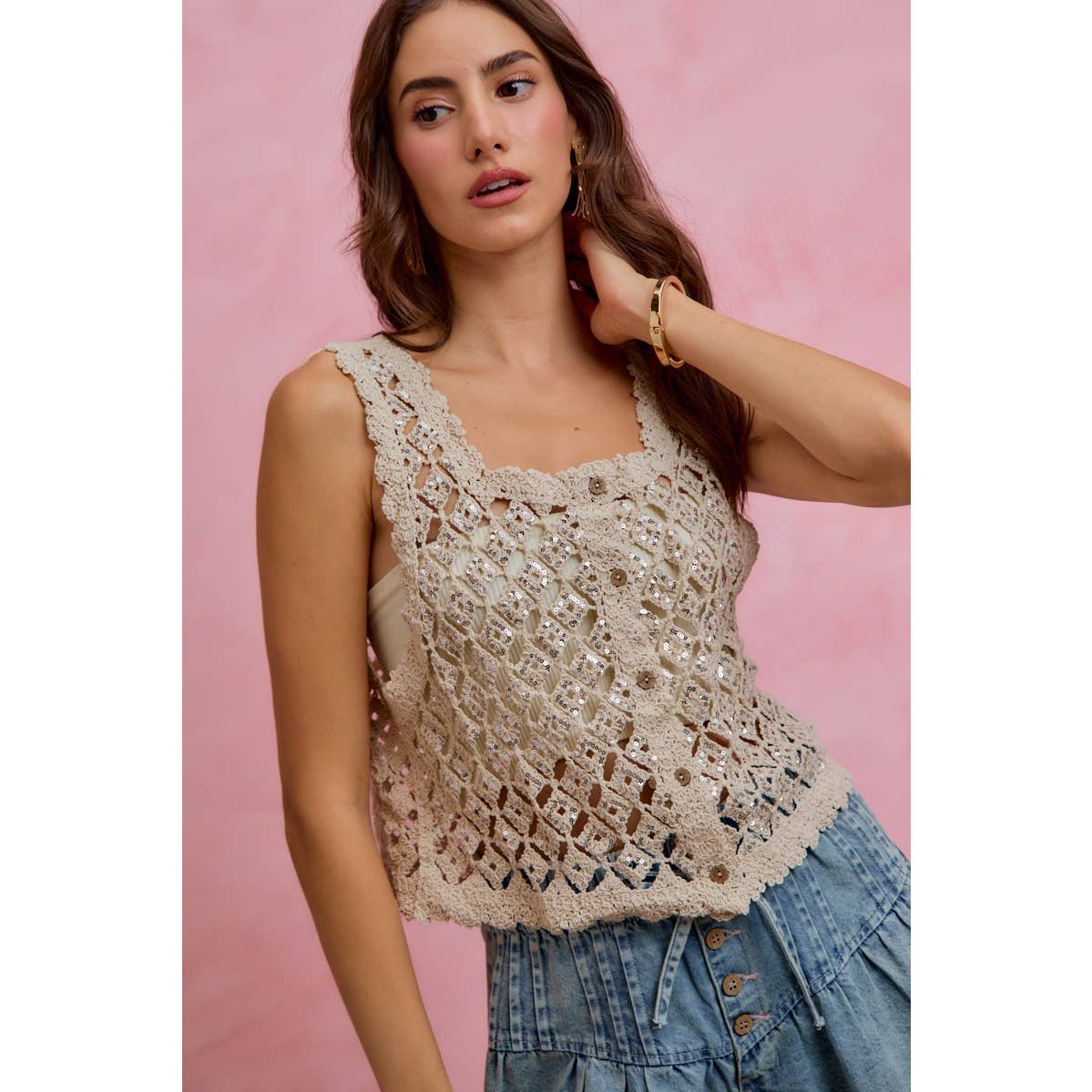 Sequin Diamond Crochet Lace Button-Down Vest Top