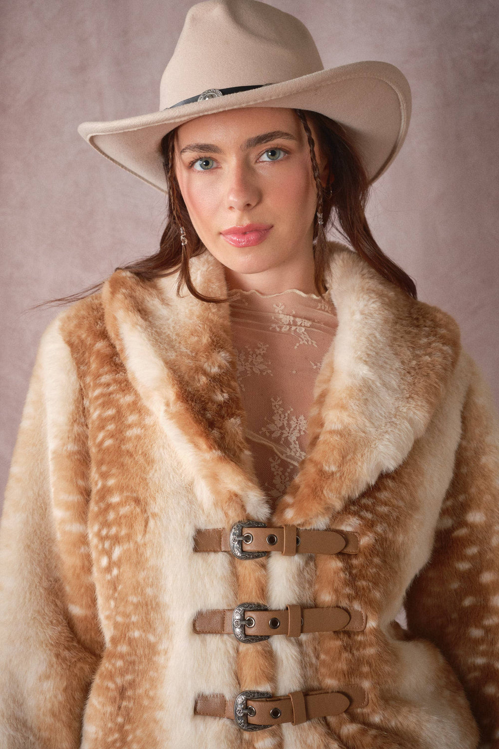 Buckled Deer Print Faux Fur Jacket