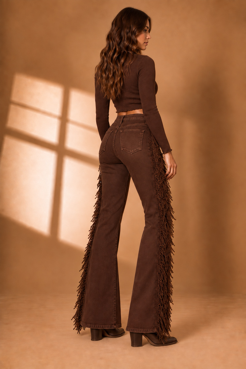 The Westwood Boot Cut Studded Fringe- Chestnut