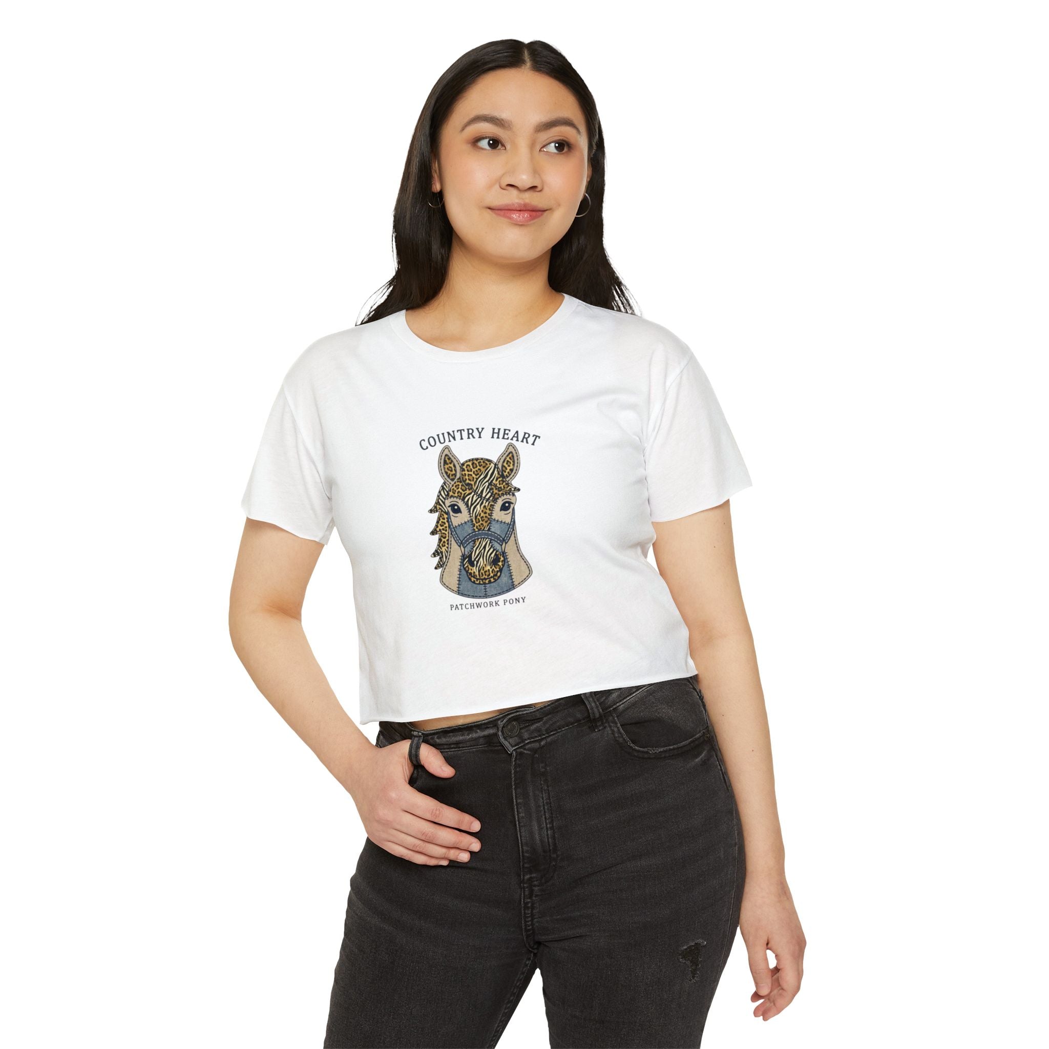 Country Heart Patchwork Pony Crop Top — Women’s Festival Tee