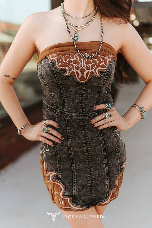 Black Wash Stretch Denim Dress Camel Suede Embroidery