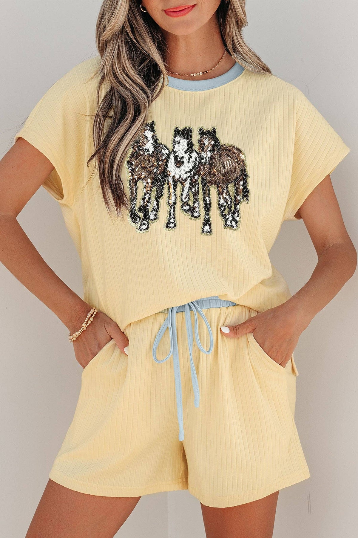 Yellow Cream Ribbed Knit Two Piece Set Sequin Horse Casual Short Set