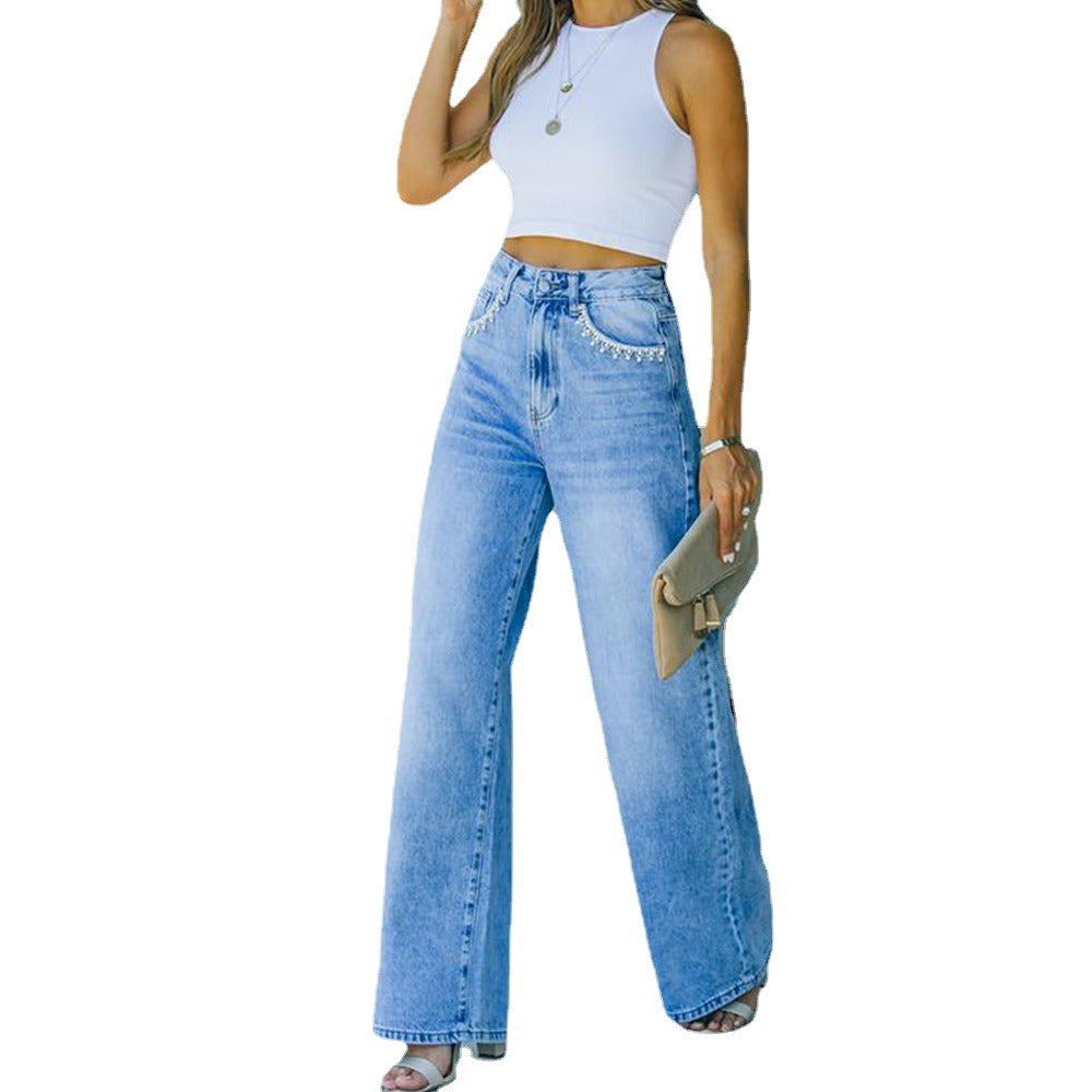 Ava Petal Pocket Wide Leg Denim Jeans Light Blue Wash