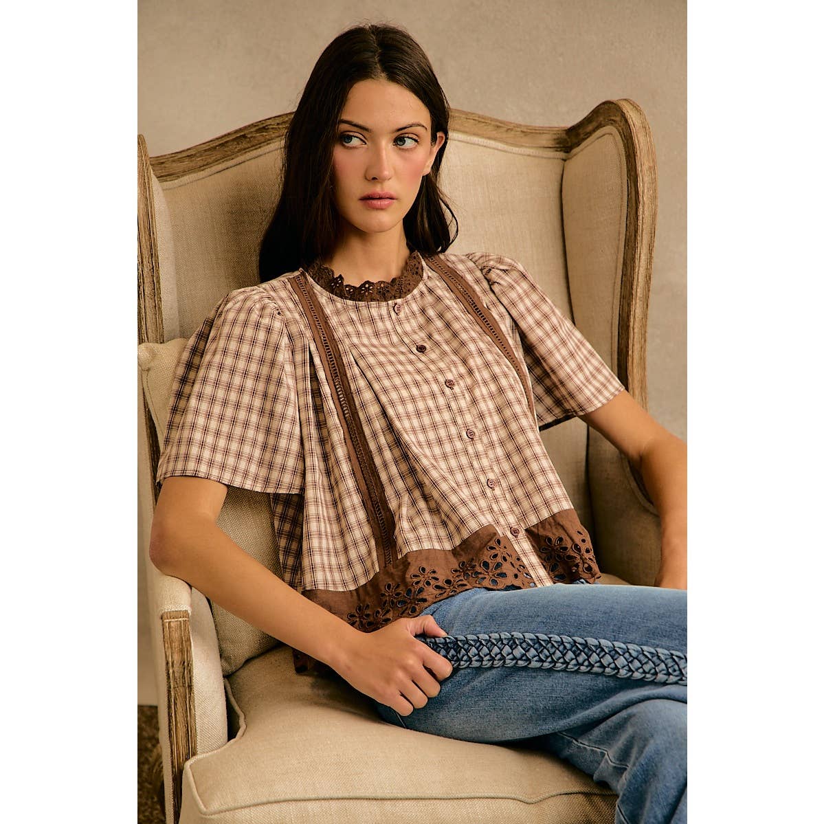 CHECK LACE TRIM FLUTTER SLEEVES BLOUSE TOP