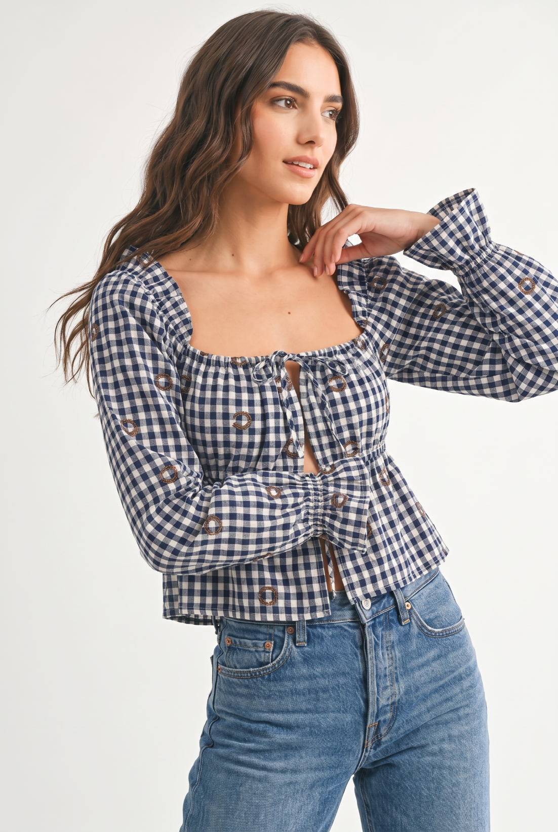 Gingham Eyelet Peplum Horseshoe Embroidery Top