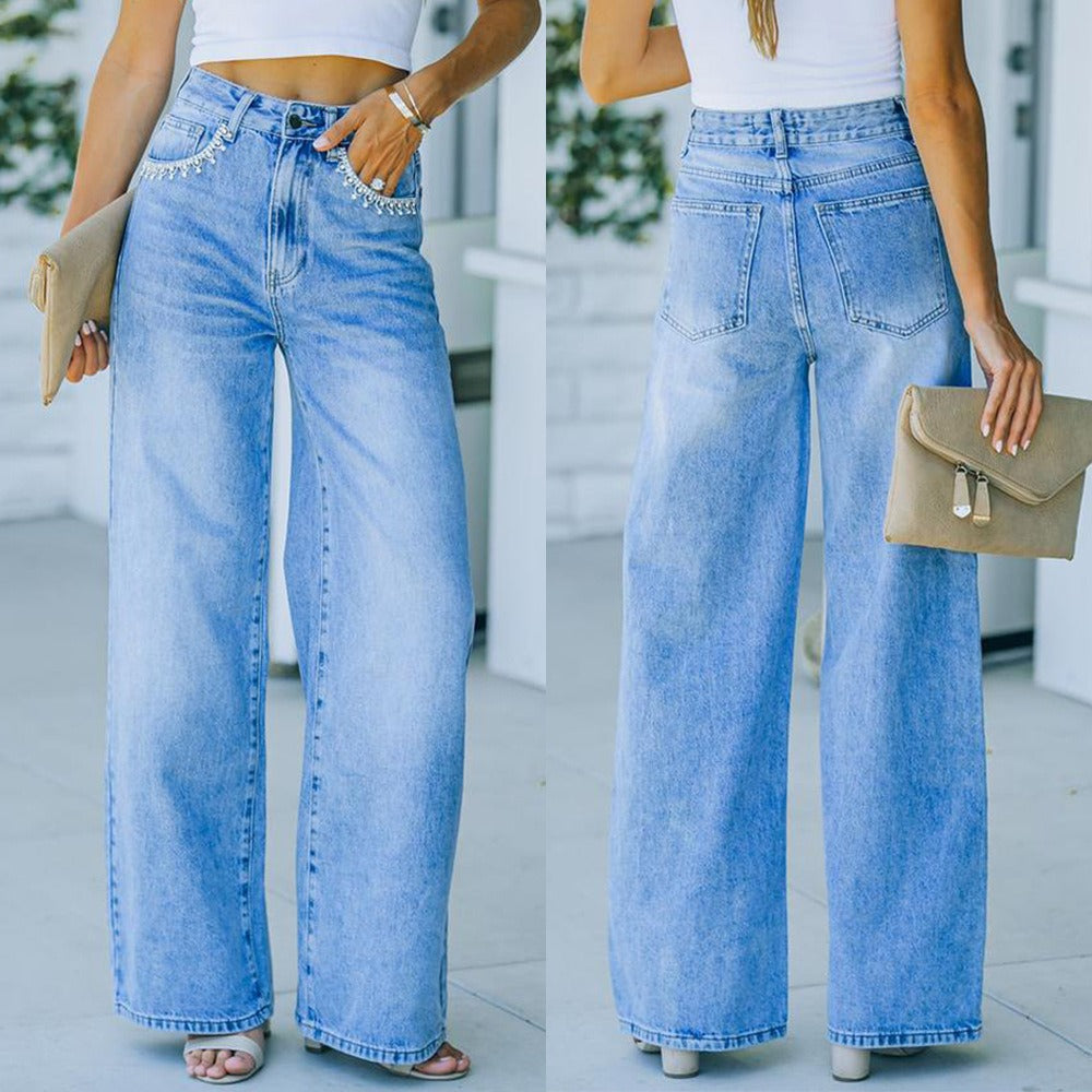 Ava Petal Pocket Wide Leg Denim Jeans Light Blue Wash