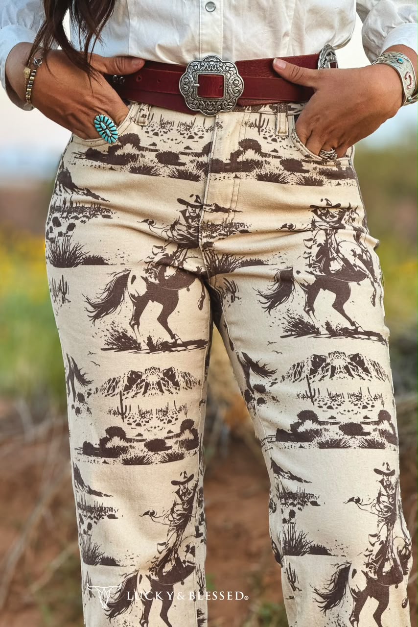 BEIGE DESERT PRINTED HIGH RISE TROUSER JEANS (32IN INSEAM)