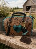 Tooled Leather Turquoise Black Checkered Heart Speedy Bag + Coin Purse