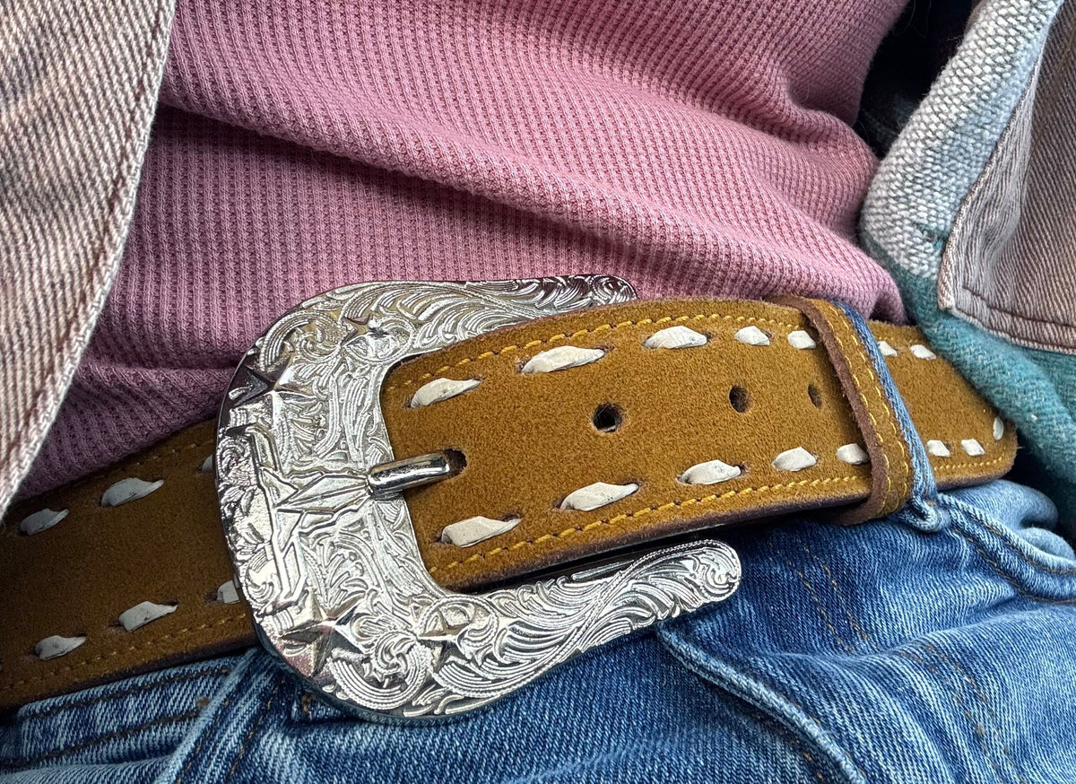 Camel Tooled Leather Western Belt W Buckstitch Detail