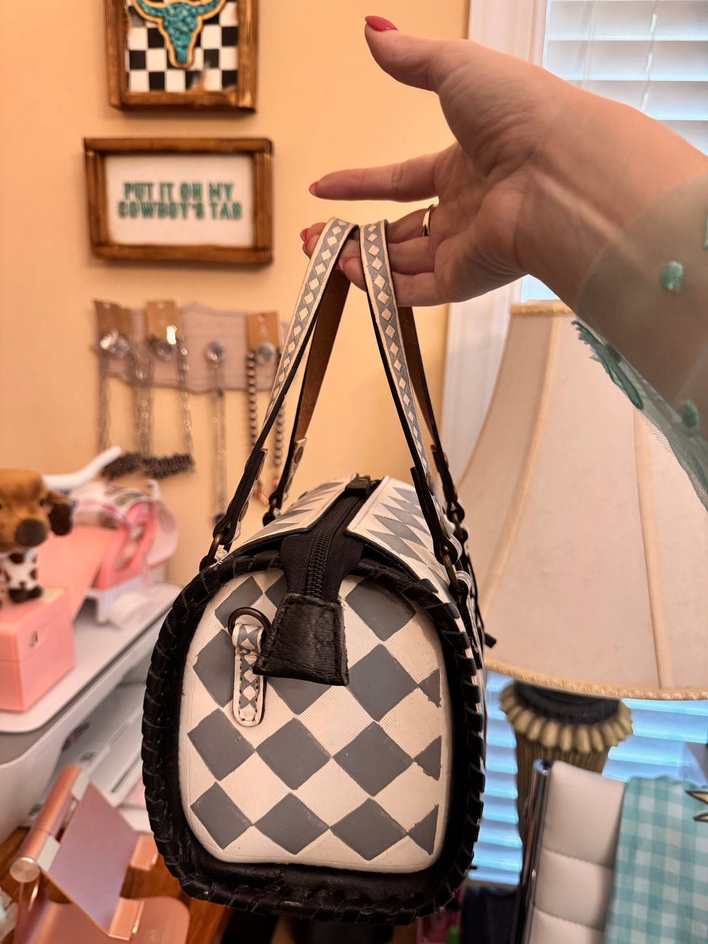 Checker Tooled Leather Speedy Crossbody — Gray