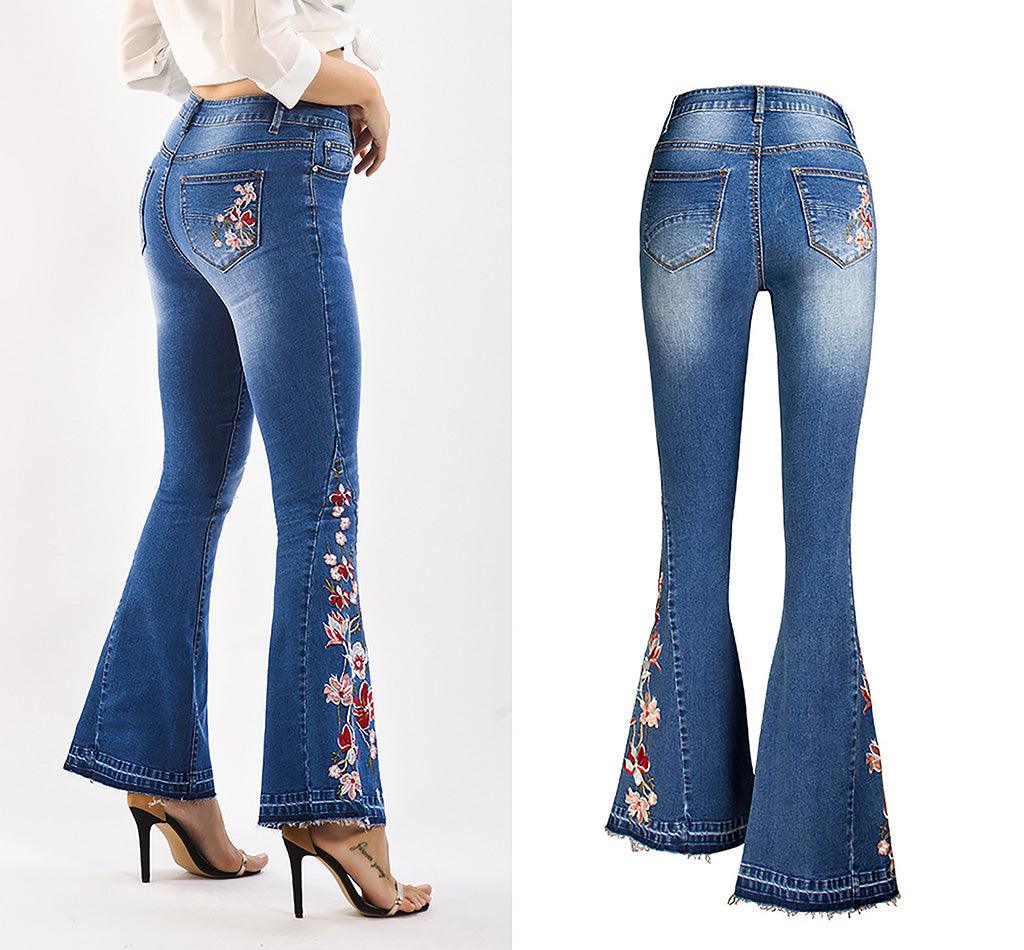 Flared Leg Embroidered Denim Jeans With Floral Hem