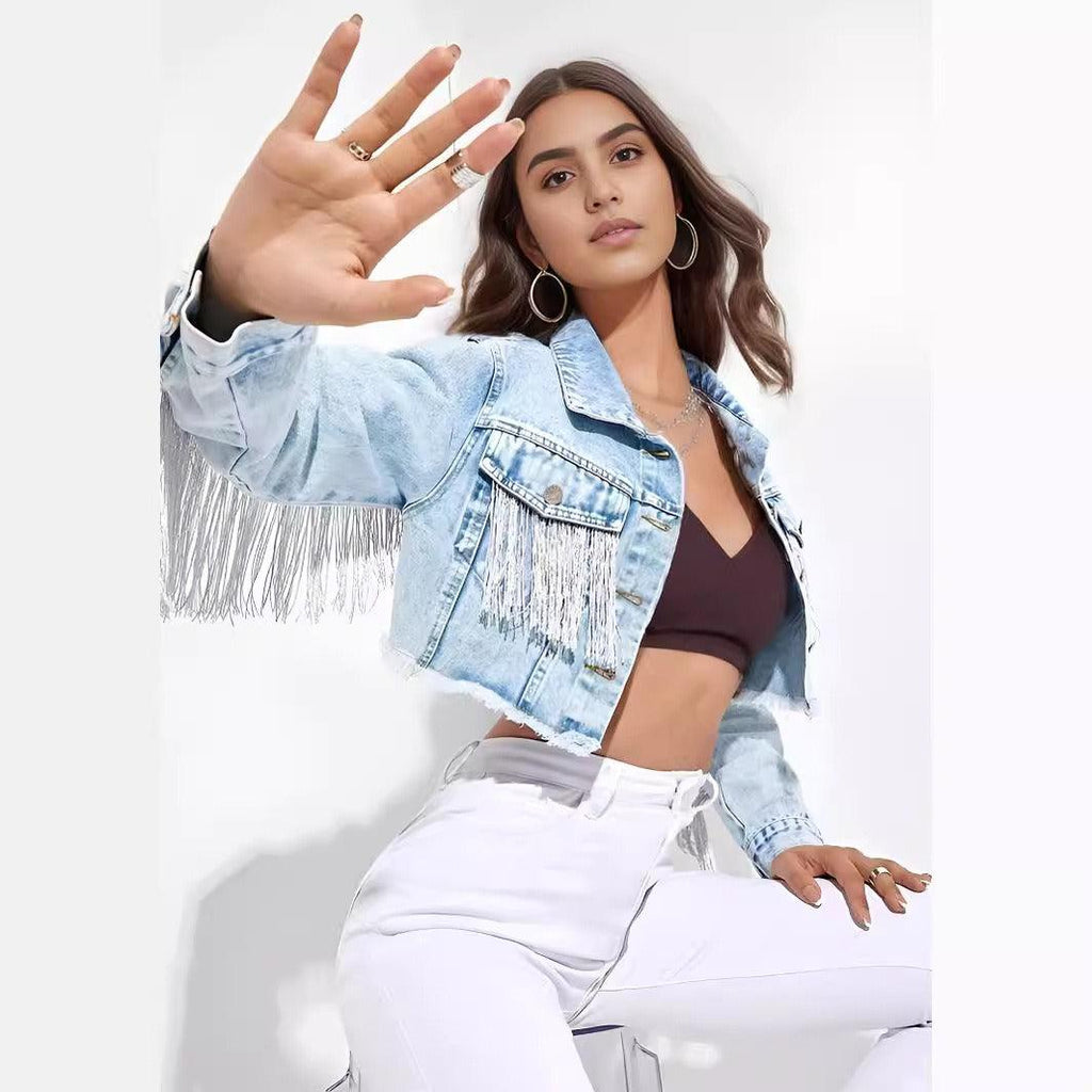 Fringe Rider Short Denim Jacket Fringed Sleeves Casual Outerwear