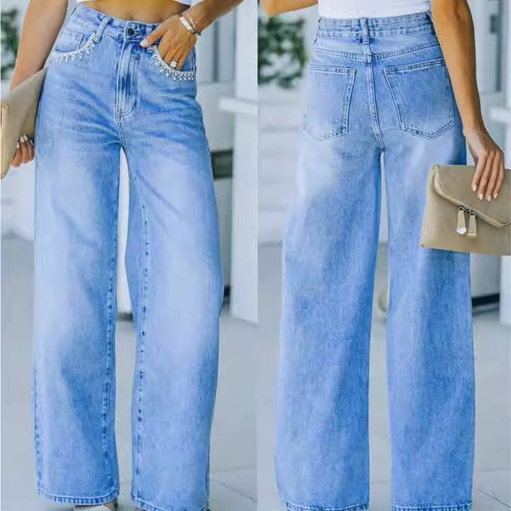 Ava Petal Pocket Wide Leg Denim Jeans Light Blue Wash