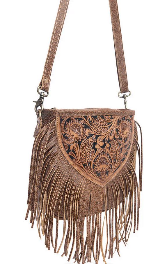 Hand Tooled Fringe Bag Western Leather Purse With Intricate Detailing
