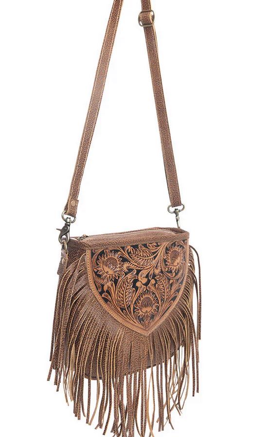 Hand Tooled Fringe Bag Western Leather Purse With Intricate Detailing