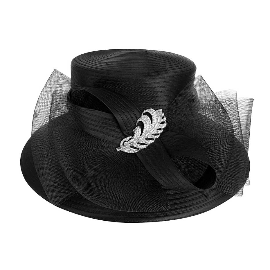 Rhinestone Embellished Feather Accented Mesh Bow Dressy Hat