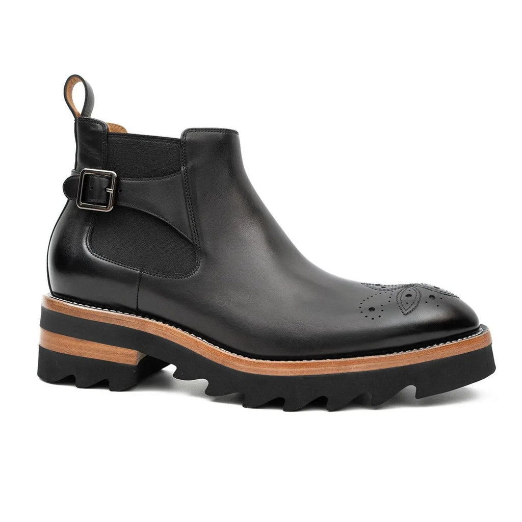Black Round-Toe Chelsea Boots with Ankle Buckle