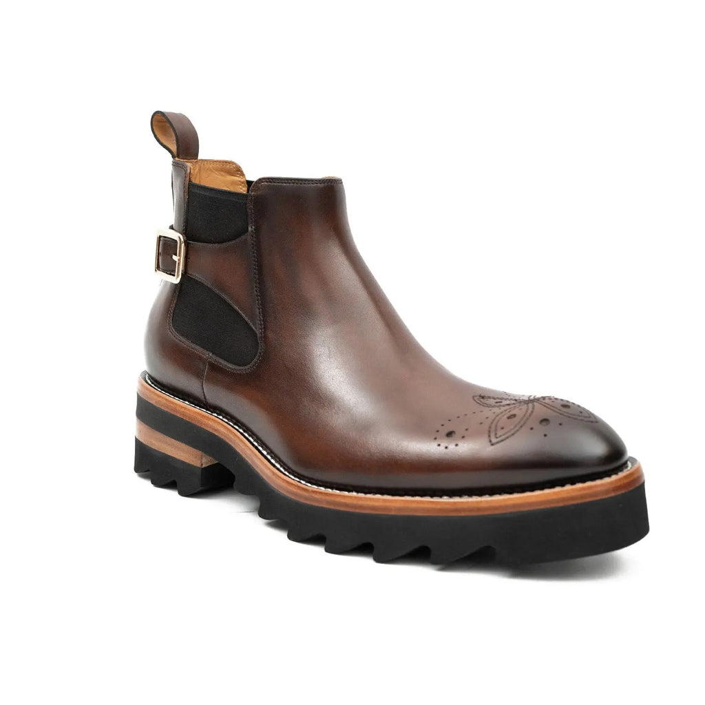 Brown Round-Toe Chelsea Boots with Ankle Buckle