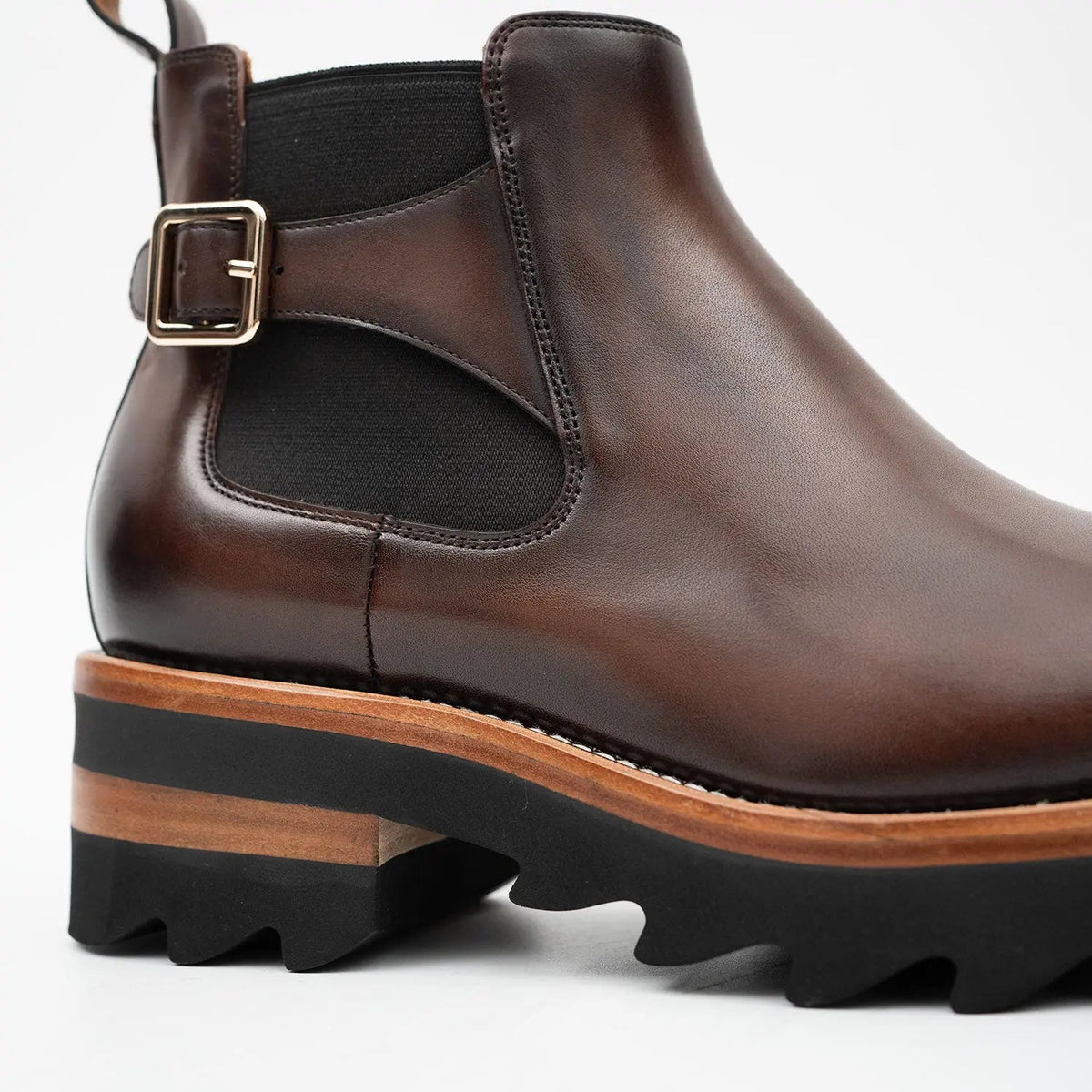 Brown Round-Toe Chelsea Boots with Ankle Buckle