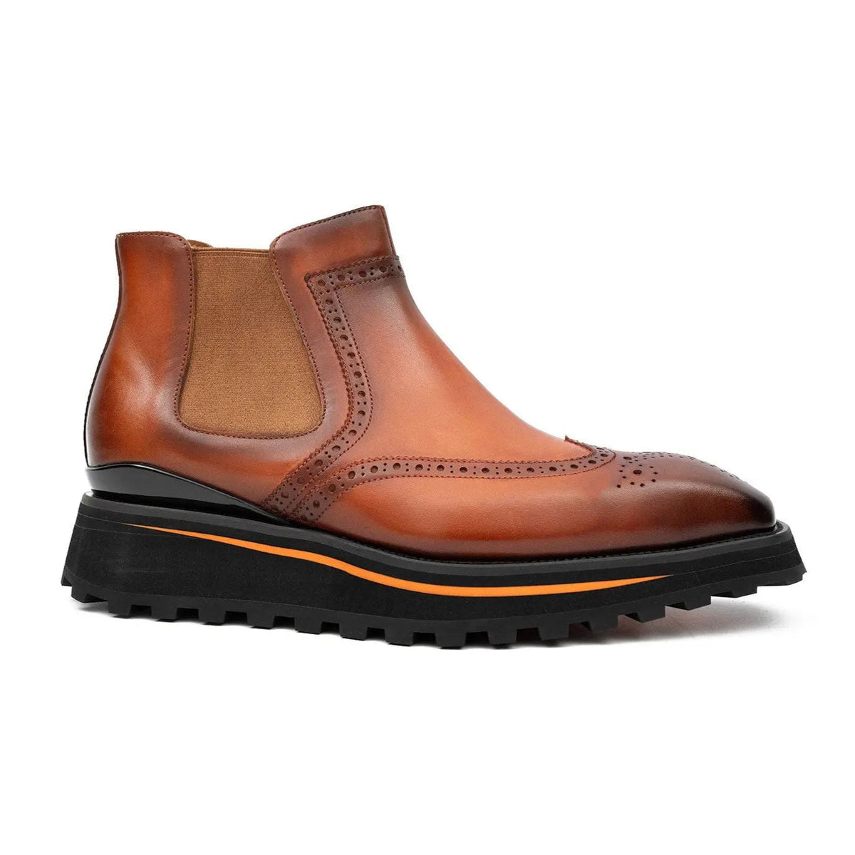 Orange-Brown Wingtip Chelsea Boots with Brown-Edge Lug Sole