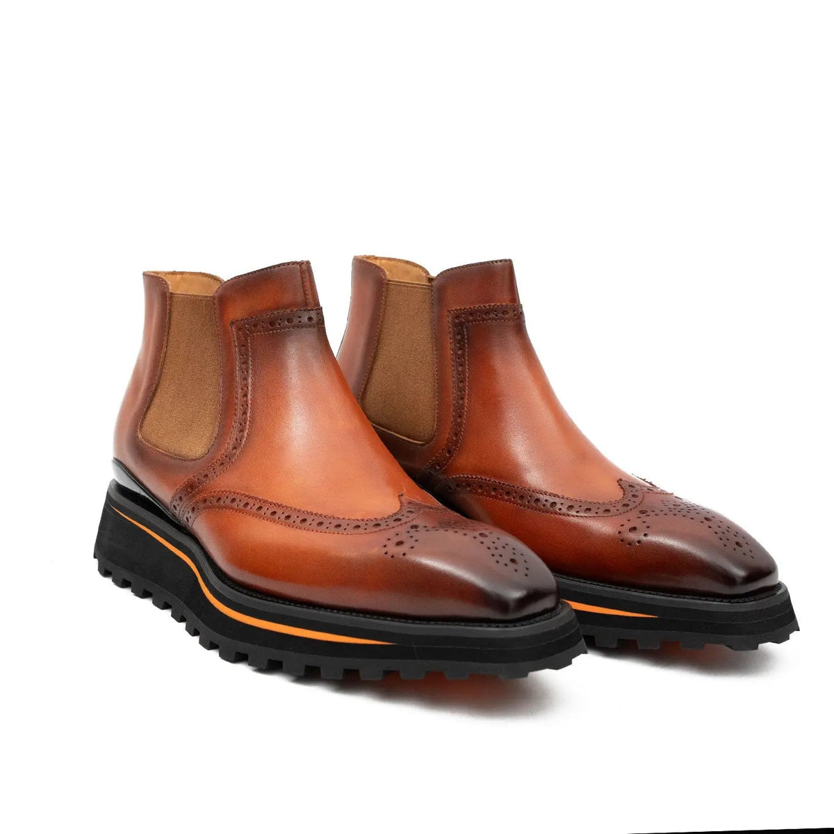 Orange-Brown Wingtip Chelsea Boots with Brown-Edge Lug Sole