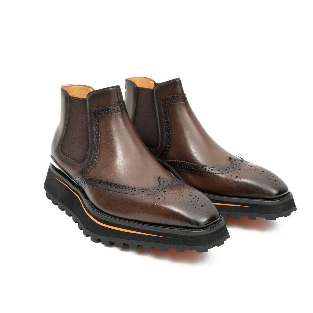 Brown Wingtip Chelsea Boots with Brown-Edge Lug Sole