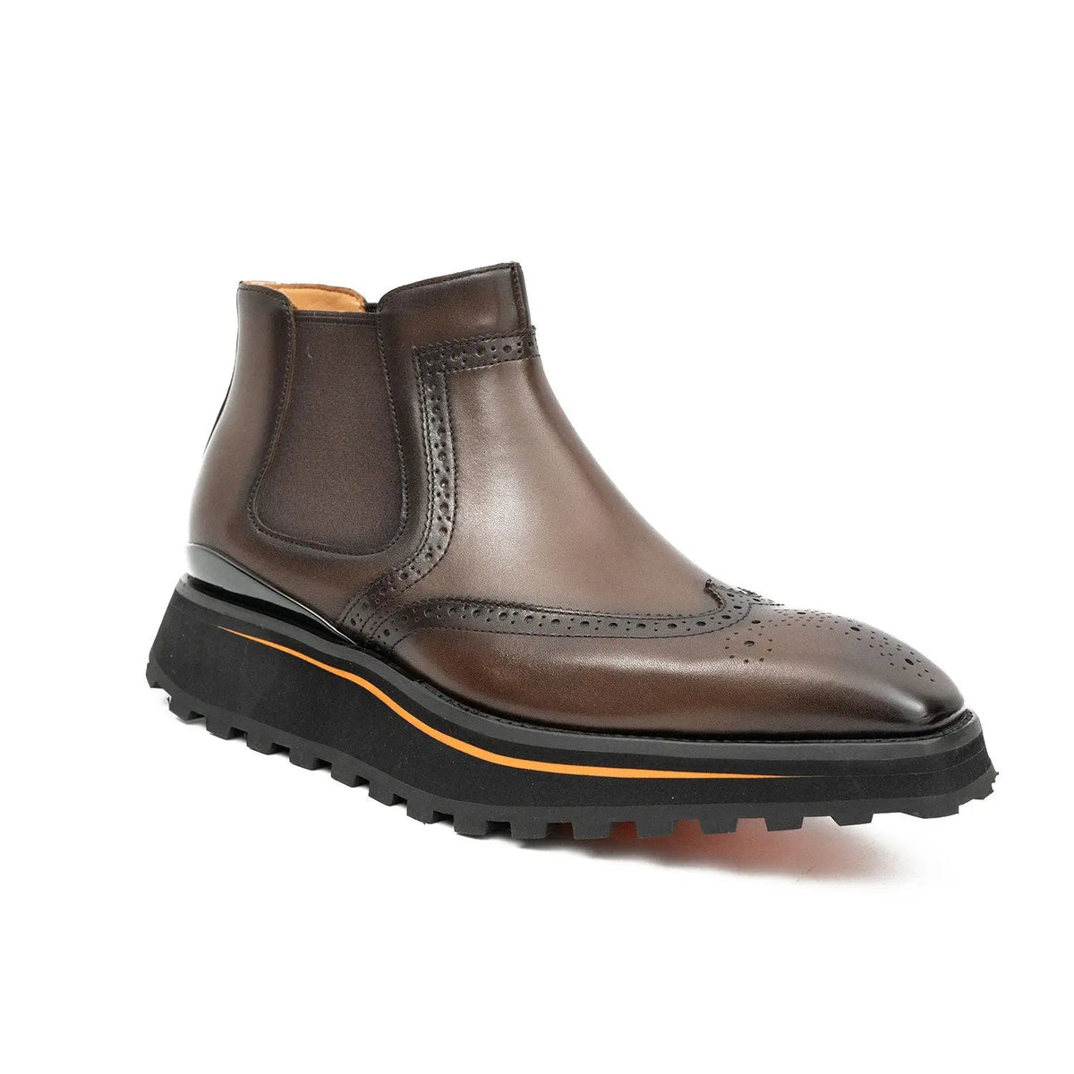Brown Wingtip Chelsea Boots with Brown-Edge Lug Sole