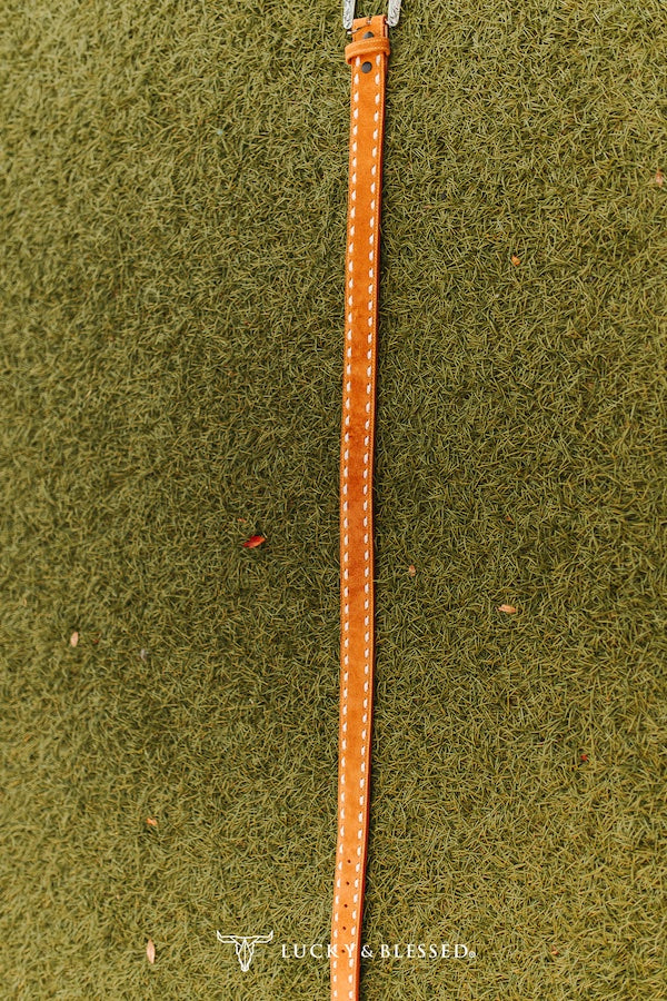 Camel Tooled Leather Western Belt W Buckstitch Detail