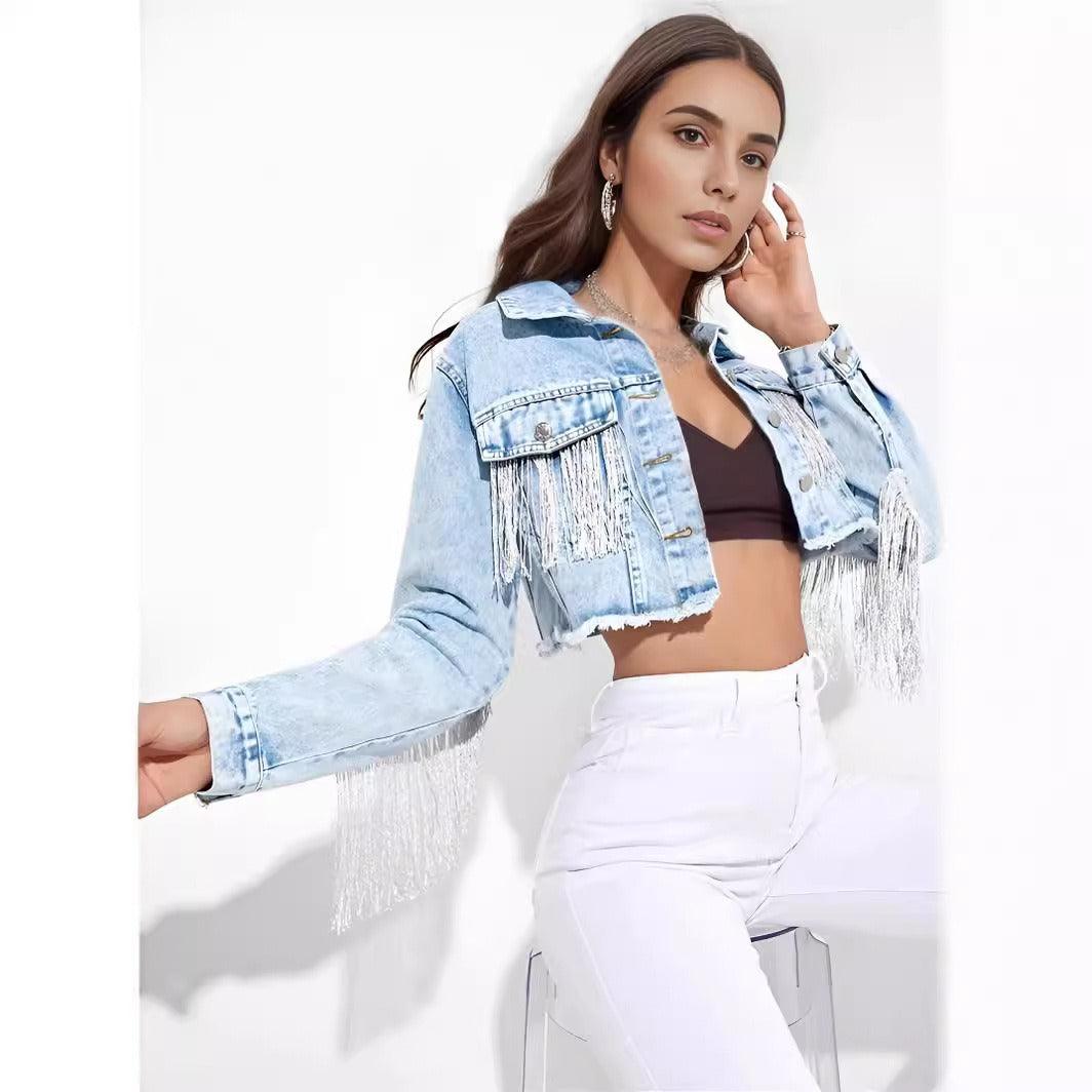 Fringe Rider Short Denim Jacket Fringed Sleeves Casual Outerwear
