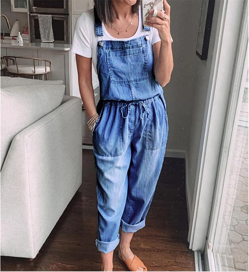 Cowgirl Drawstring Denim Overalls Comfort Fit Mid Waist