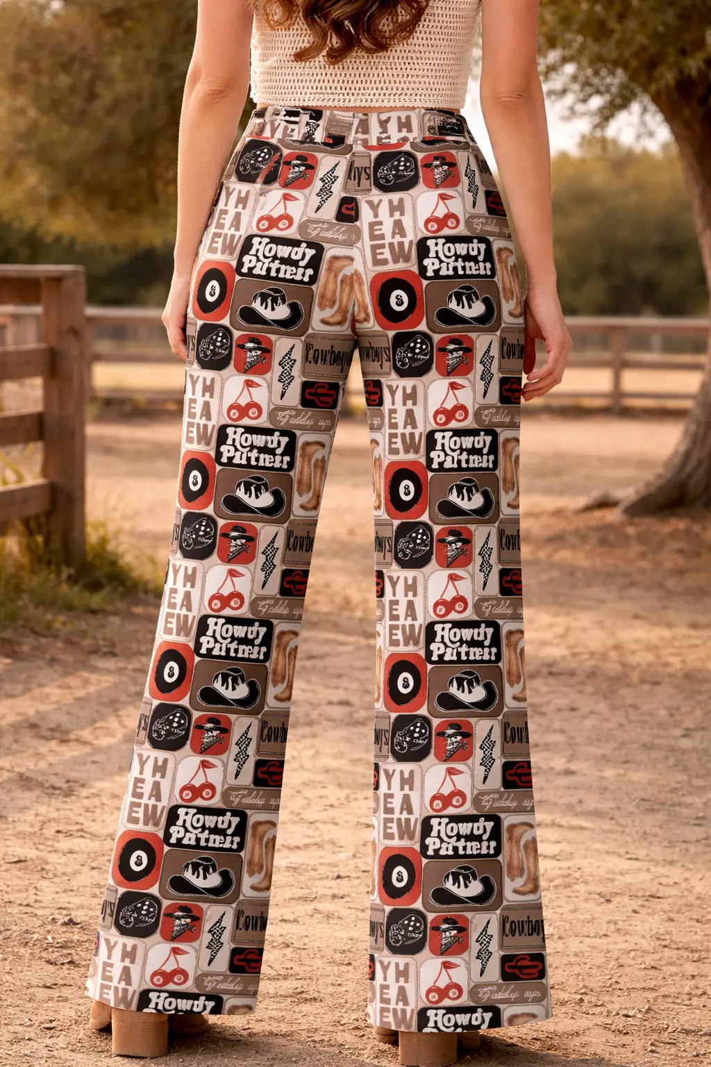 Neon Spur “Howdy Partner” Retro Rodeo Wide Leg Pants