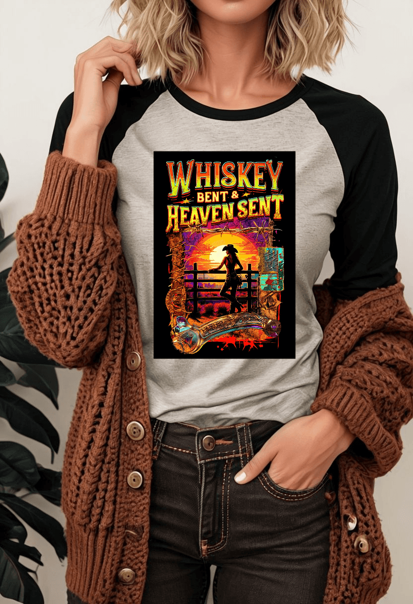 Whiskey Bent and Heaven Sent Women Three Quarter Sleeve Baseball Tee Casual WBHS304