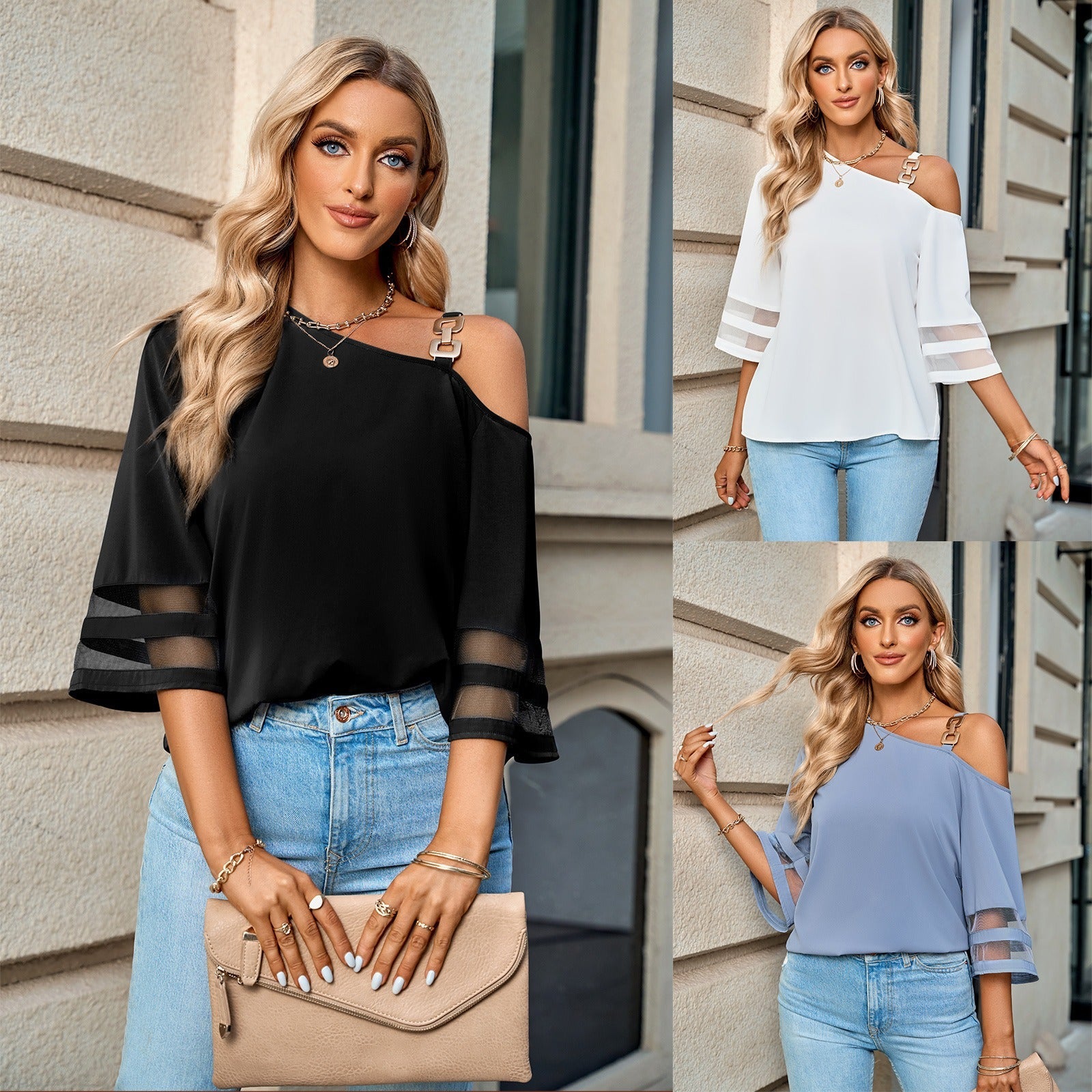 Western Chic One Shoulder Blouse Oblique Collar Wcosb Casual Top