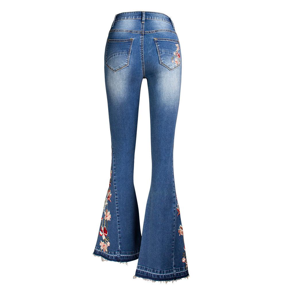 Flared Leg Embroidered Denim Jeans With Floral Hem