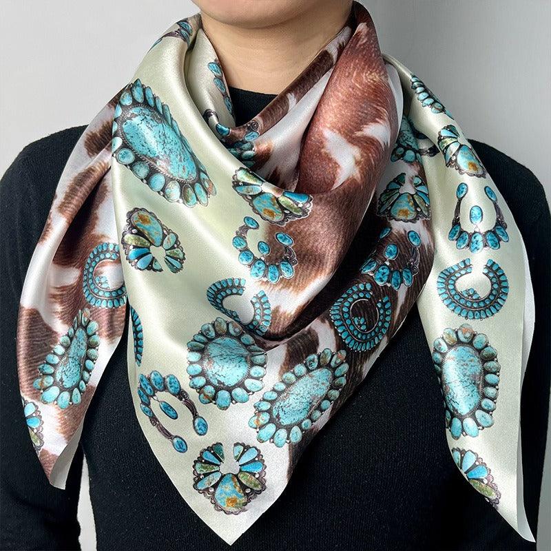 Turquoise Cow Pattern Western Scarf For Women Cowgirl Accessory
