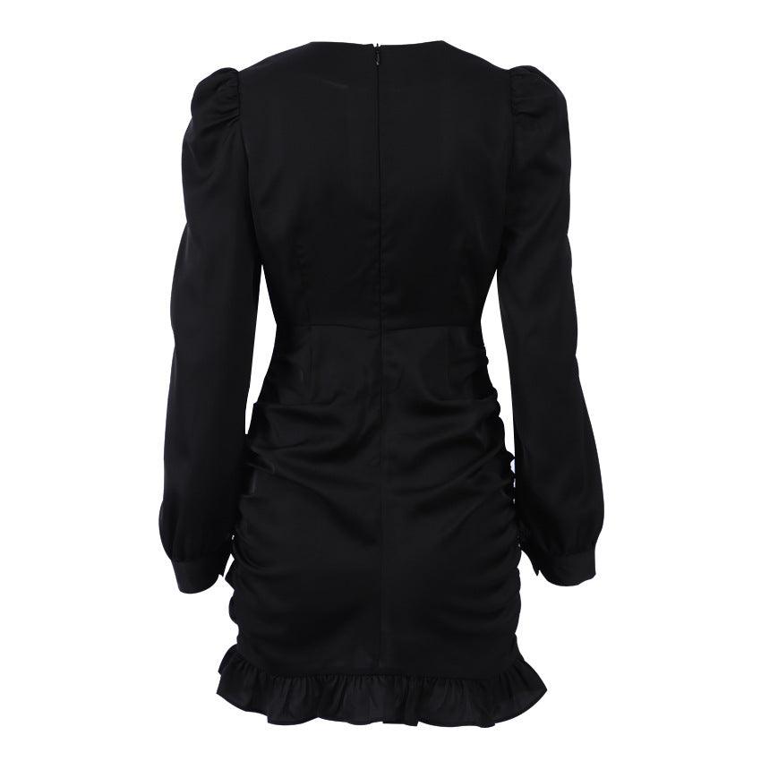 French Pleated Long Sleeved Little Black Dress Model Lbdplf