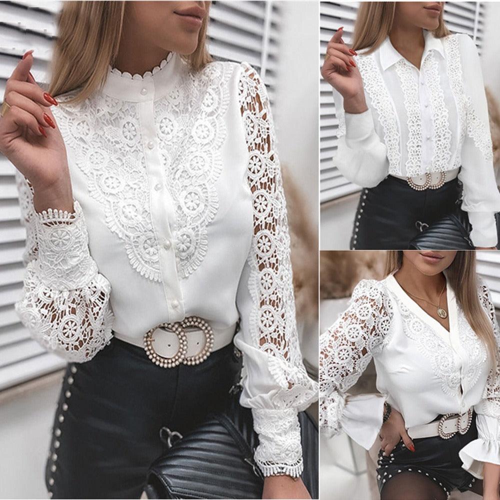 Stylish White Lace Long Sleeve Cut Out Shirt SLL01