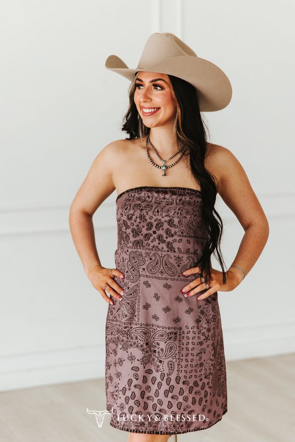 Mauve Paisley Buck-Stitch Strapless Dress