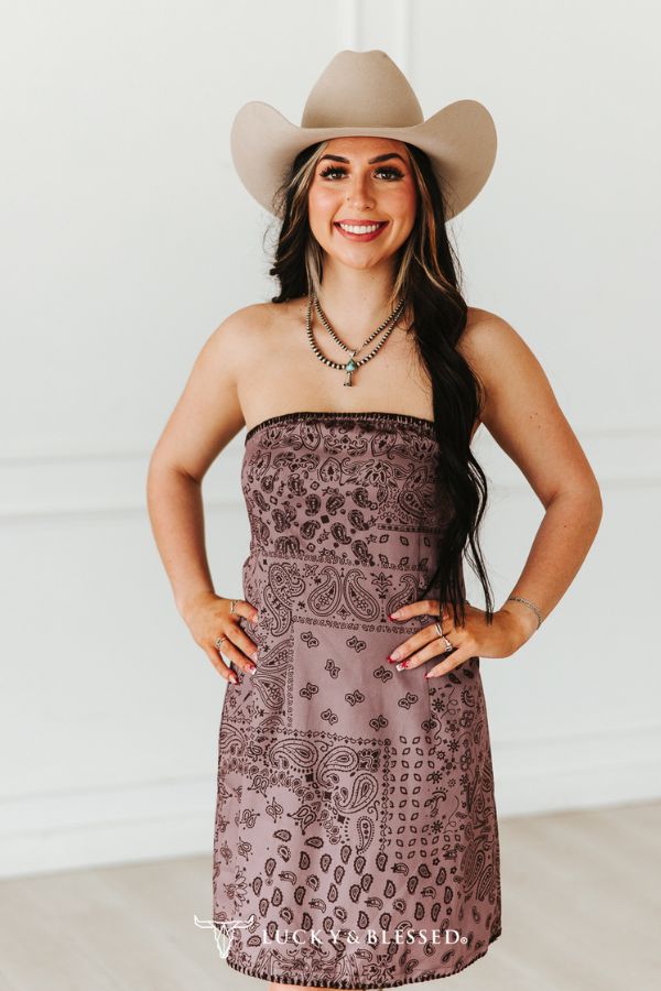 Mauve Paisley Buck-Stitch Strapless Dress