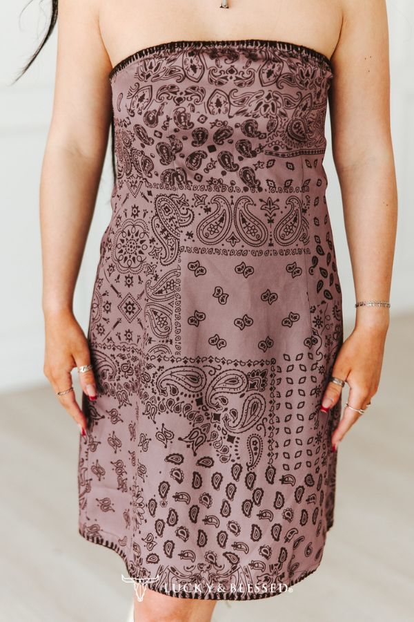 Mauve Paisley Buck-Stitch Strapless Dress