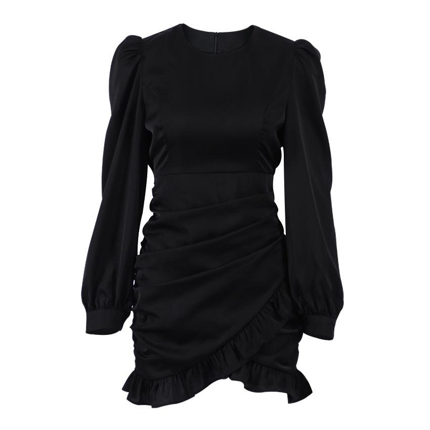 French Pleated Long Sleeved Little Black Dress Model Lbdplf