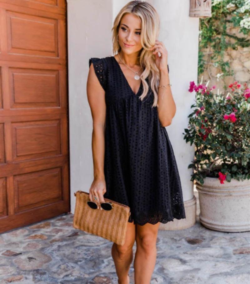 Women's Country Lace Jacquard Hollow V Neck Dress With Pockets Model 01