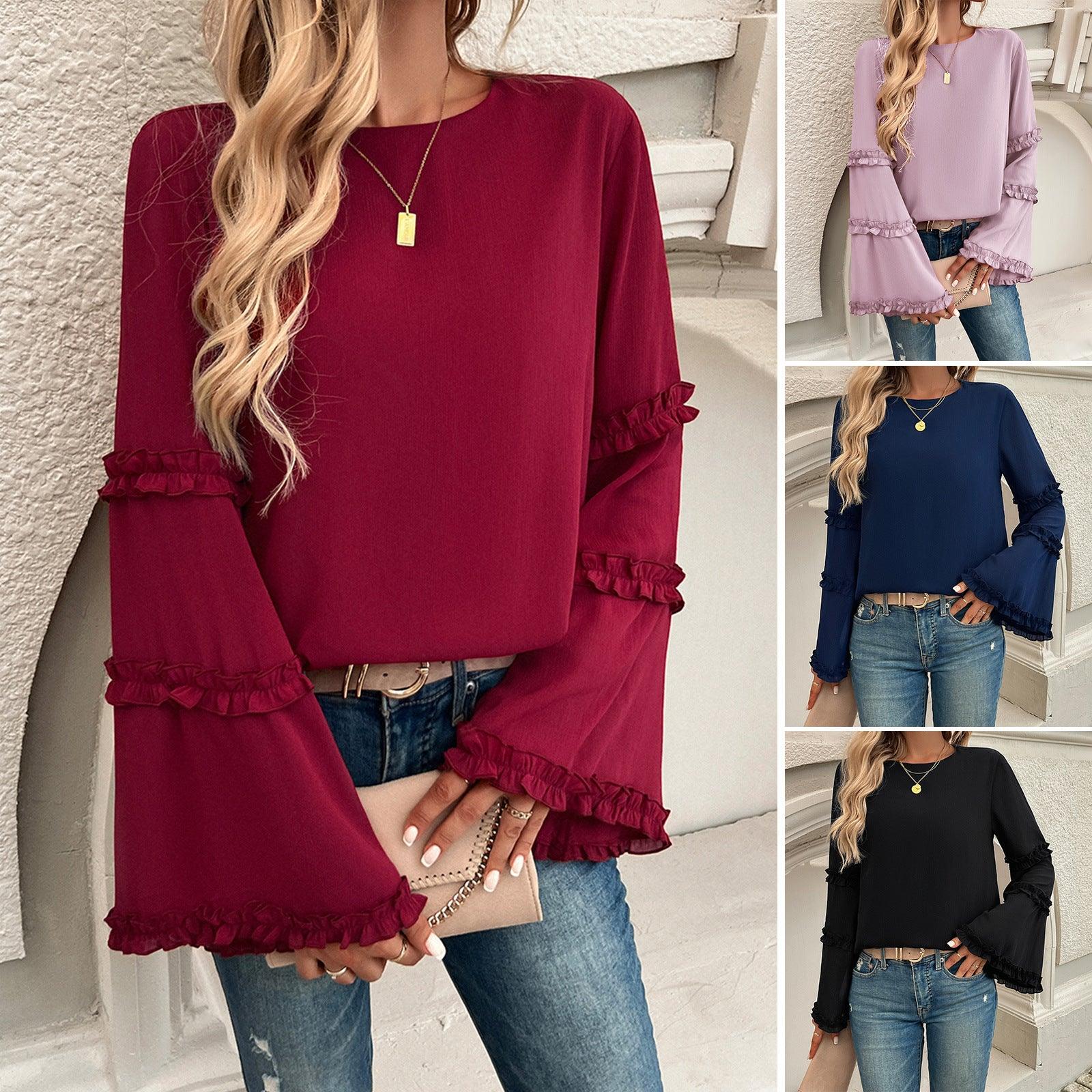 Elegant Socialite Trumpet Sleeved Top Blouse For Women