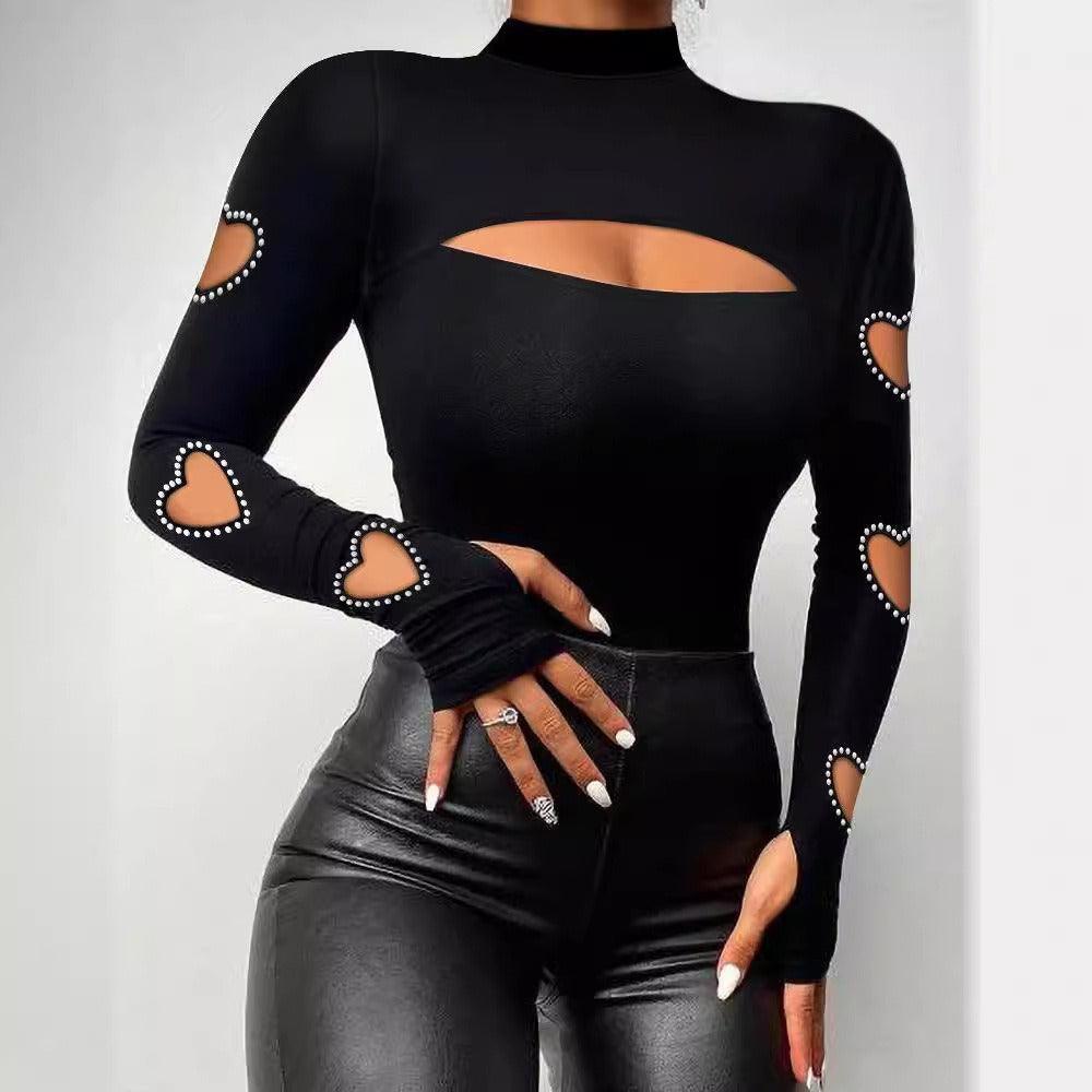 Sexy Country Chic Heart Cutout Beaded Long Sleeve Top For Women Model HCBLS